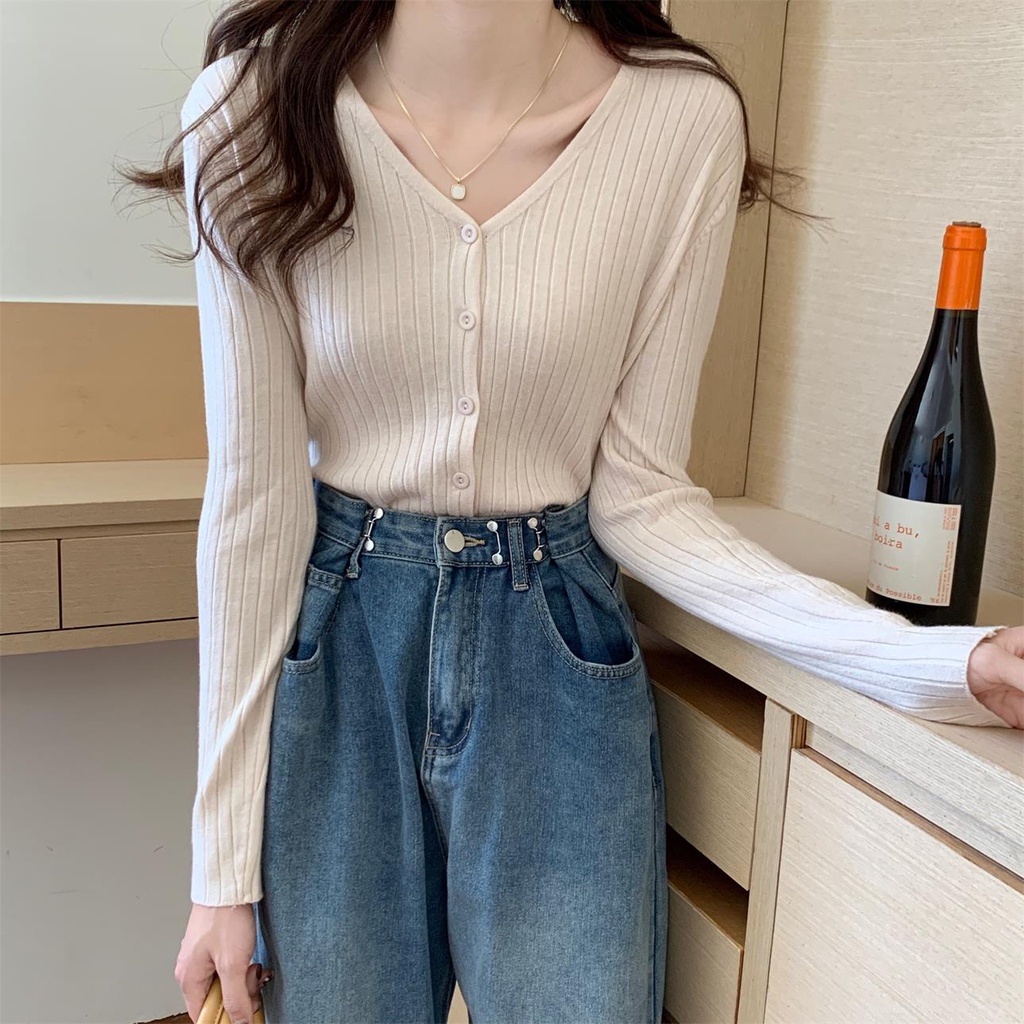 ZHELIHANGFEI Áo Khoác Cardigan Dệt Kim Tay Dài Cổ Chữ V Thời Trang