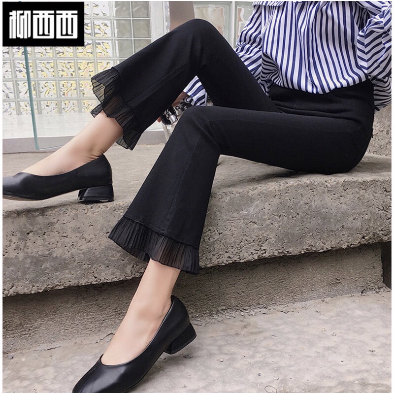 Quần ống loe lưng cao chất thun tăm ống phối ren co dãn tốt hottrend