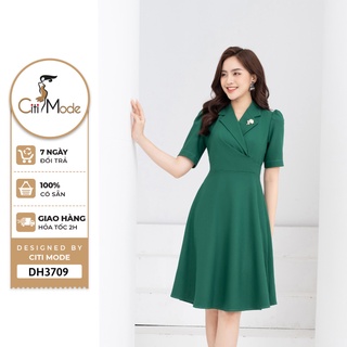 Đầm công sở CITI MODE FASHION thiết kế dáng xoè xanh cổ vest DH3709