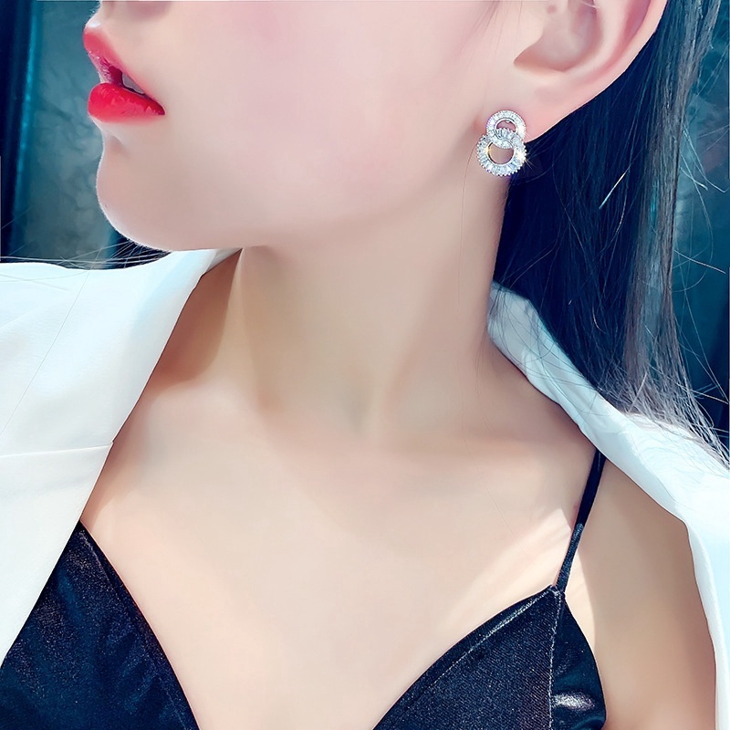Bông Tai Mạ Bạc 925 Hình Tròn Đính Đá Zircon Thời Trang Dành Cho Nữ