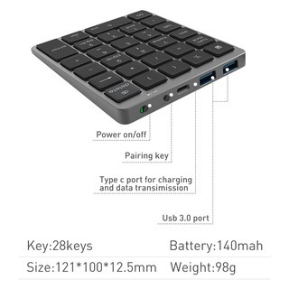 Bàn Phím Số 28 Phím Bluetooth Hub 3.0 Kỹ Thuật Số Bằng Kim Loại Có Thể Sạc Lại Cho Máy Tính Bảng / Laptop