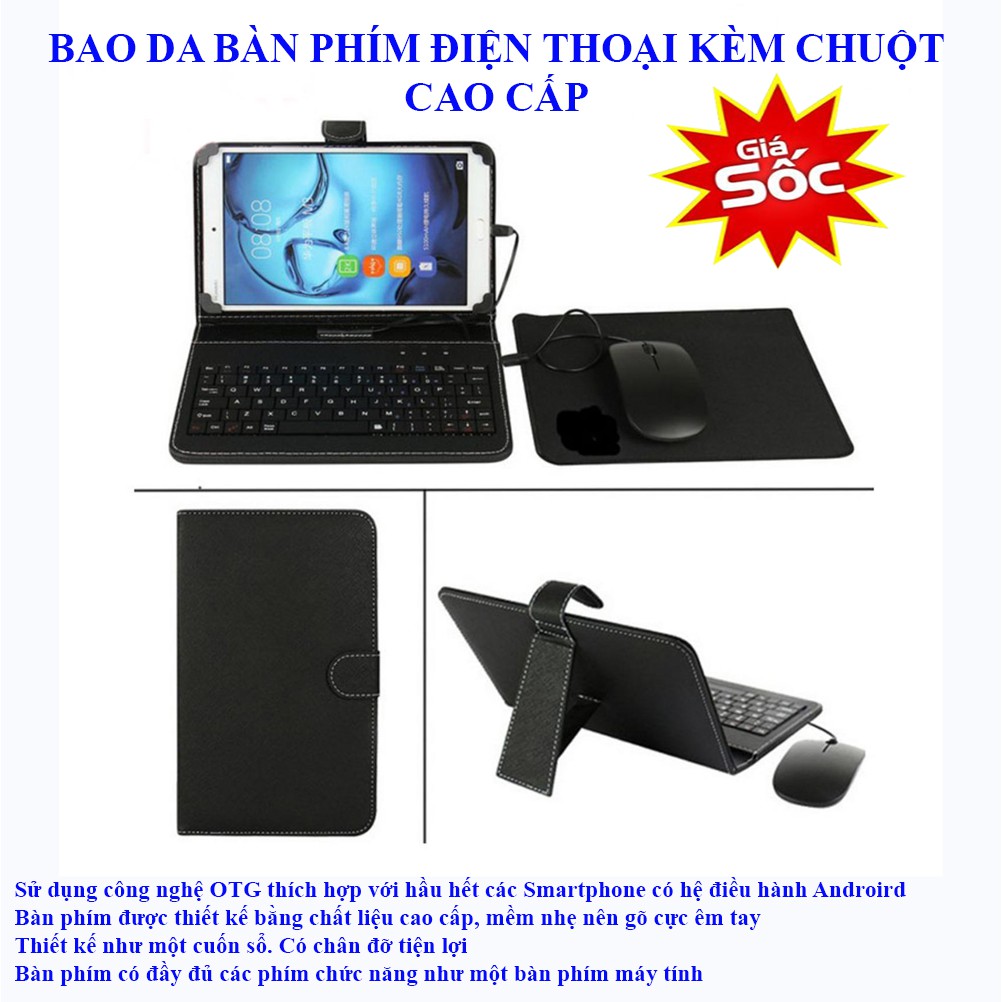 Bàn Phím Kết Nối Điện Thoại, Bao Da Kiêm Bàn Phím Điện Thoại, Máy Tính Bảng ( Tặng Kèm Chuột Có Dây )-MÀU ĐEN