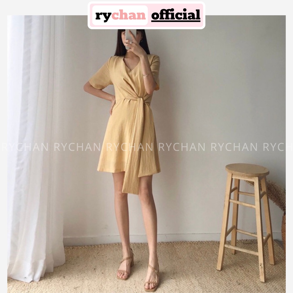 Đầm Nữ Đi Chơi Đắp Chéo Tà Cột Eo Tay Ngắn Thanh Lịch Sang Trọng Màu Vàng - DX9847