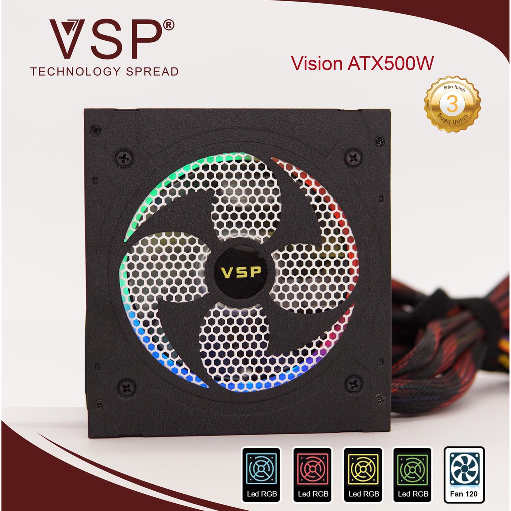 Nguồn Công Suất Thực VSP 500W Led RGB Full Box - Bảo Hành 36 tháng