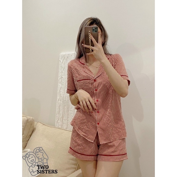 bộ kẻ đỏ áo cộc quần đùi siêu xinh mát mẻ bộ mặc nhà đẹp