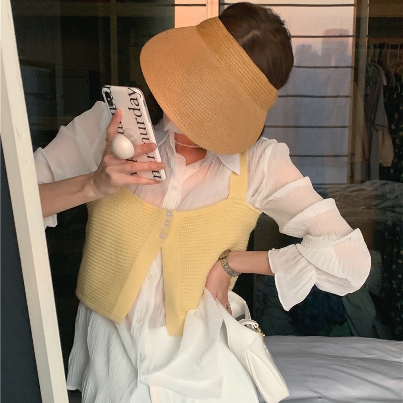 SUXI Set Áo Sơ Mi Dài Tay Trong Suốt + Áo Len Không Tay Phong Cách Hàn Quốc Dành Cho Nữ