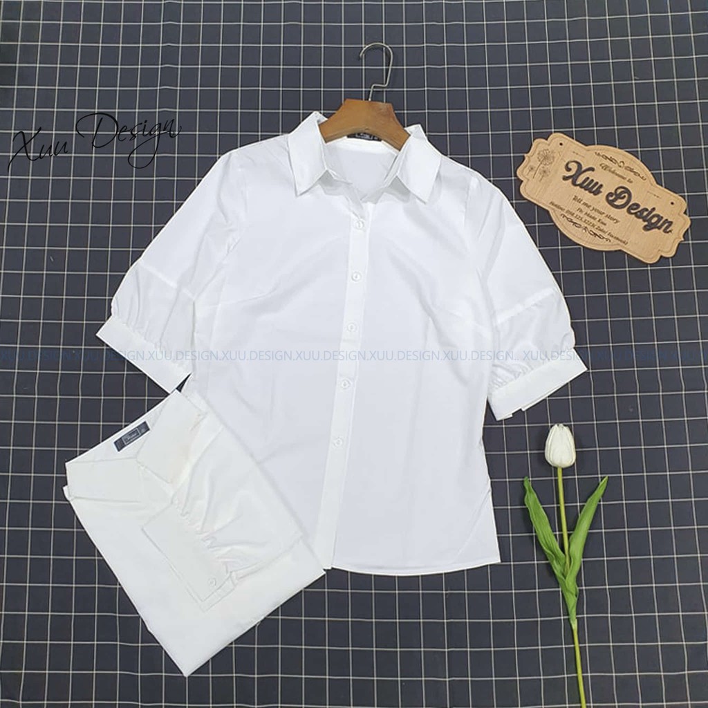 Áo sơ mi trắng nữ trắng Xuu, thiết kế tay lỡ bồng thời trang công sở - SMK9
