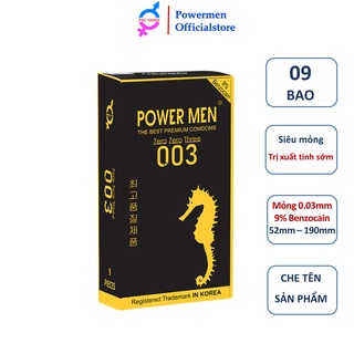 Bao cao su POWERMEN 0.03 siêu mỏng trơn siêu kéo dài thời gian chứa 9% Benzocain chống xuất tinh sớm hộp 12 cái