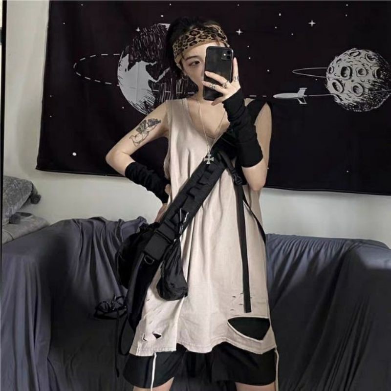 Áo tank top unisex nam nữ rách gấu tạo layer