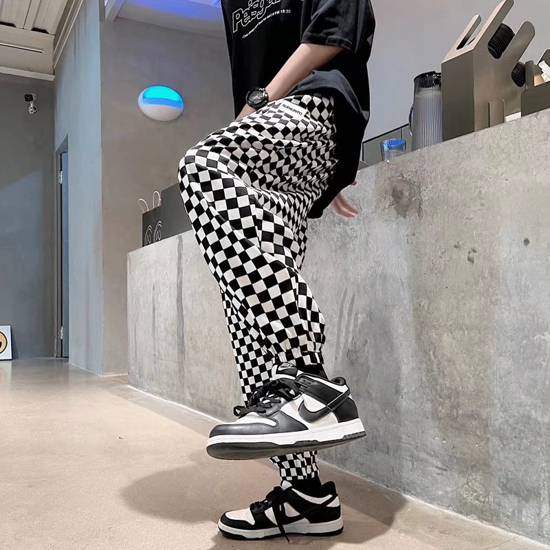 Quần ống rộng Sọc Caro Trắng Đen Thời Trang Nam Tính