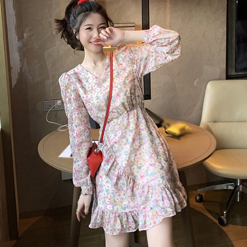 Đầm Ngắn Tay Dài Họa Tiết Hoa Thời Trang Xuân Thu Cho Nữ