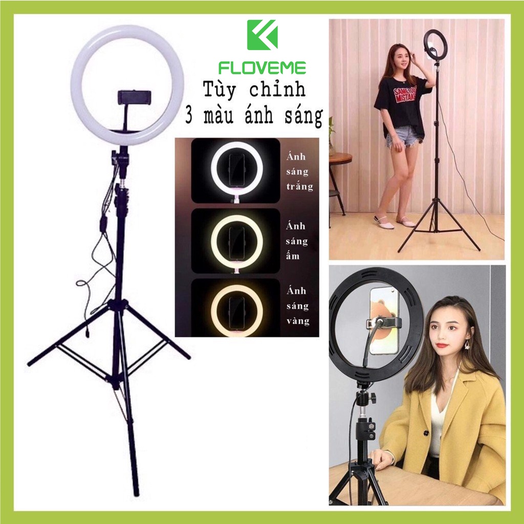 Đèn livestream Floveme cao cấp siêu sáng, chân 2m1, Size đèn 26 36 45 Hỗ Trợ Chụp Ảnh Make up, quay tiktok, bán hàng