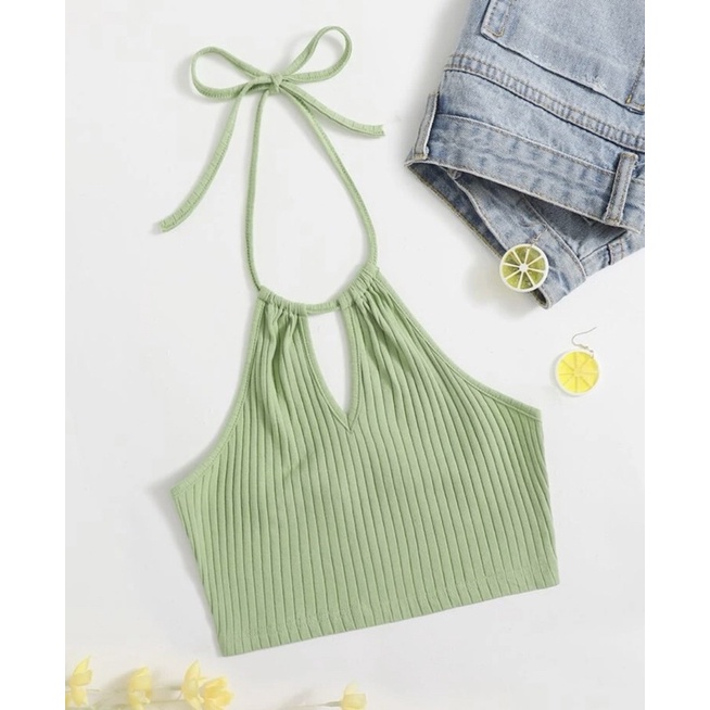 Áo croptop thun gân mỏng cổ yếm phong cách cá tính Aimee closet