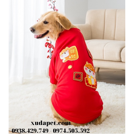 ÁO TẾT ĐỎ CHO CHÓ LỚN HÌNH CÚN SHIBA CHÚC TẾT MAY MẮN - SP005324