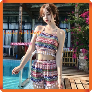 Bikini Bộ Bơi Đồ Bơi Thổ Cẩm Tua Rua Độc Đáo Siêu Kute Áo Yếm Đan Dây Lưng Quần Short (Có Quần Lót Đẹp Bên Trong)