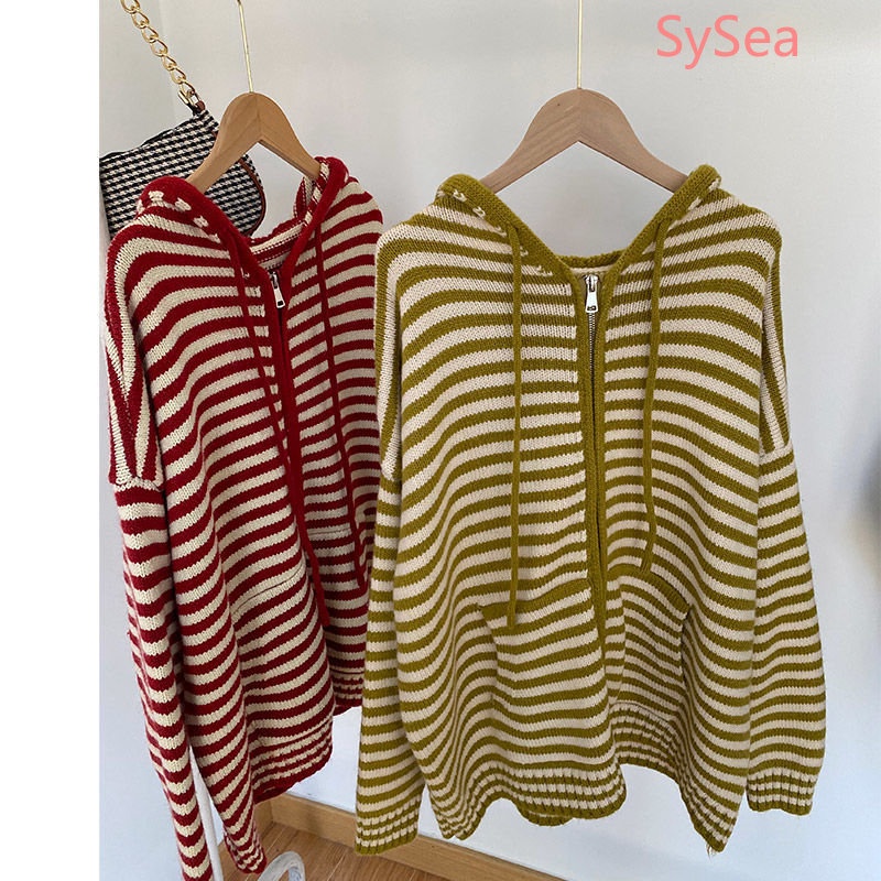 Áo Khoác Sweater Có Mũ Trùm Kẻ Sọc Kiểu Retro Thời Trang Thu Đông Cho Nữ