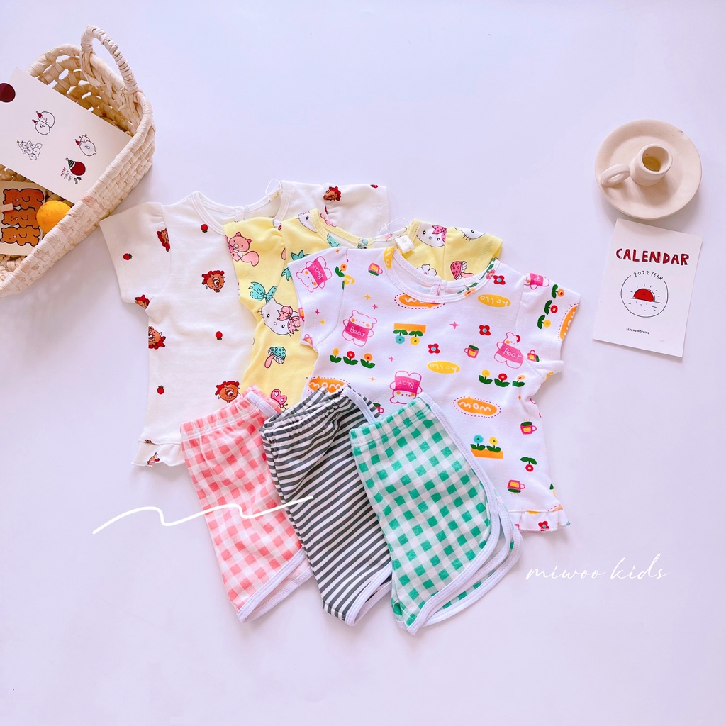 Bộ cộc tay cotton nhún bèo, quần sọc họa tiết dễ thương cho bé gái MIWOO