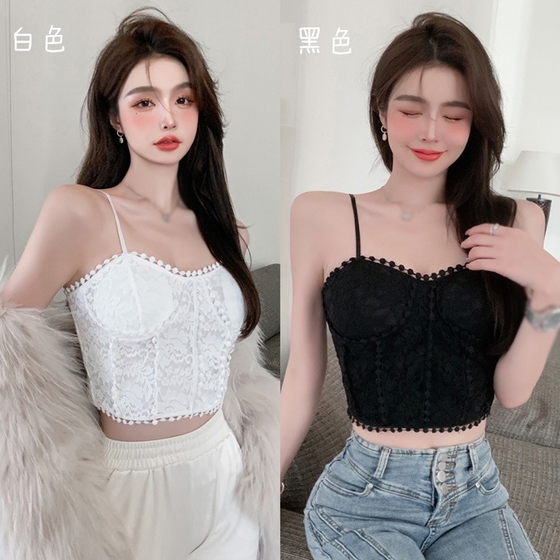 Áo Tank Top Màu Trắng Sát Nách Phối Ren Có Mút Nâng Ngực Quyến Rũ Cho Nữ
