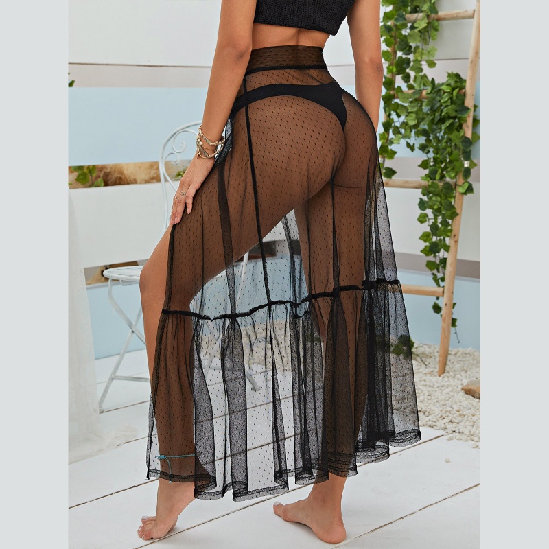 Váy Maxi Phối Lưới Họa Tiết Chấm Bi Xẻ Tà Thời Trang Đi Biển Cho Nữ