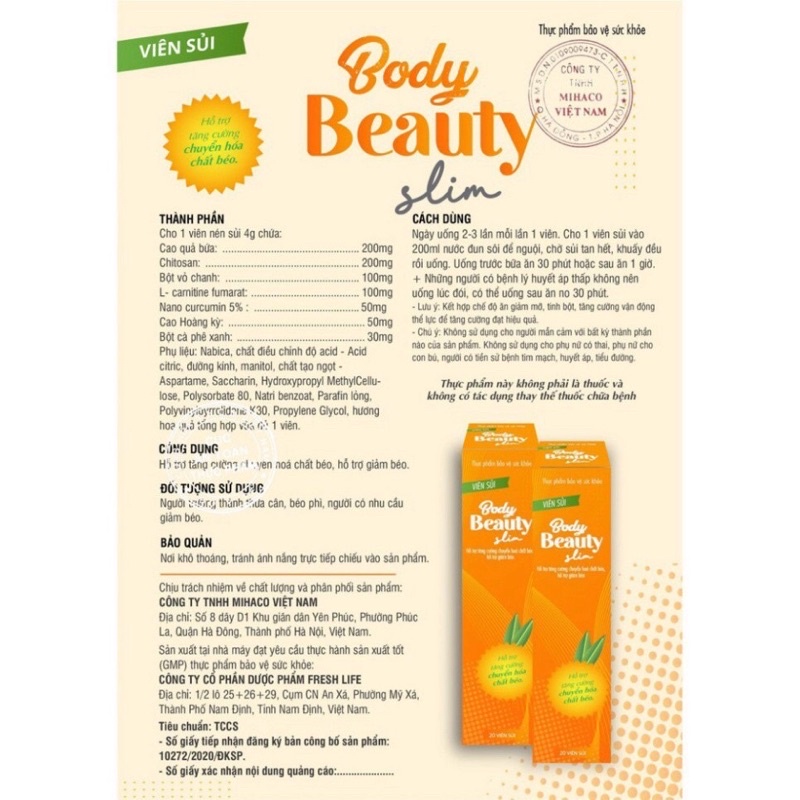 (Mua 3 tặng 1)BODY BEAUTY SLIM-VIÊN SỦI GIẢM CÂN CẤP TỐC-AN TOÀN- TỰ NHIÊN (MẪU MỚI NhẤT)