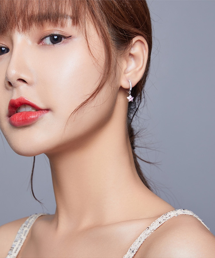 Khuyên tai Bamoer BSE414 Bạc 925 thiết kế hình ngôi sao màu hồng lấp lánh thời trang cho nữ