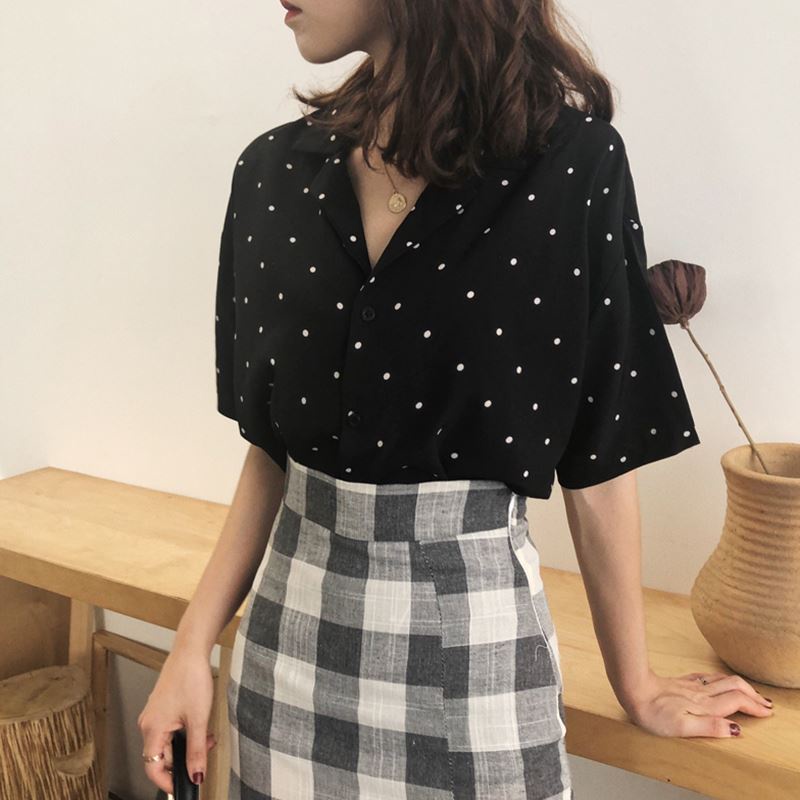 Áo Sơ Mi chiffon Tay Ngắn Dáng Rộng Họa Tiết Chấm Bi Phong Cách Hàn Quốc  Cho Nữ