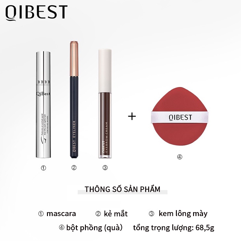 Set Mỹ Phẩm Trang Điểm Mắt QIBEST 68.5g Gồm Kẻ Mắt+Kẻ Mày Dạng Lỏng+Mascara+Mút Trang Điểm Tiện Dụng