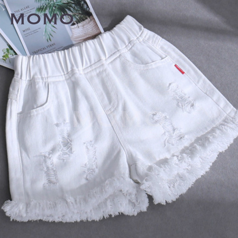 (3-16 Years Old) Children's Fashionable Embroidered Cartoon Denim Shorts Girls' Ripped White All-Matching Outdoor Hot Pants