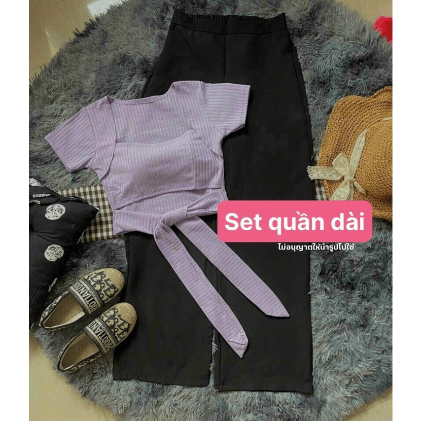 Set bộ áo thun gân có mút+ quần ống suông, set áo cổ vuông tay ngắn cột dây kiểu quần dài, bộ đồ mặc nhà trẻ trung