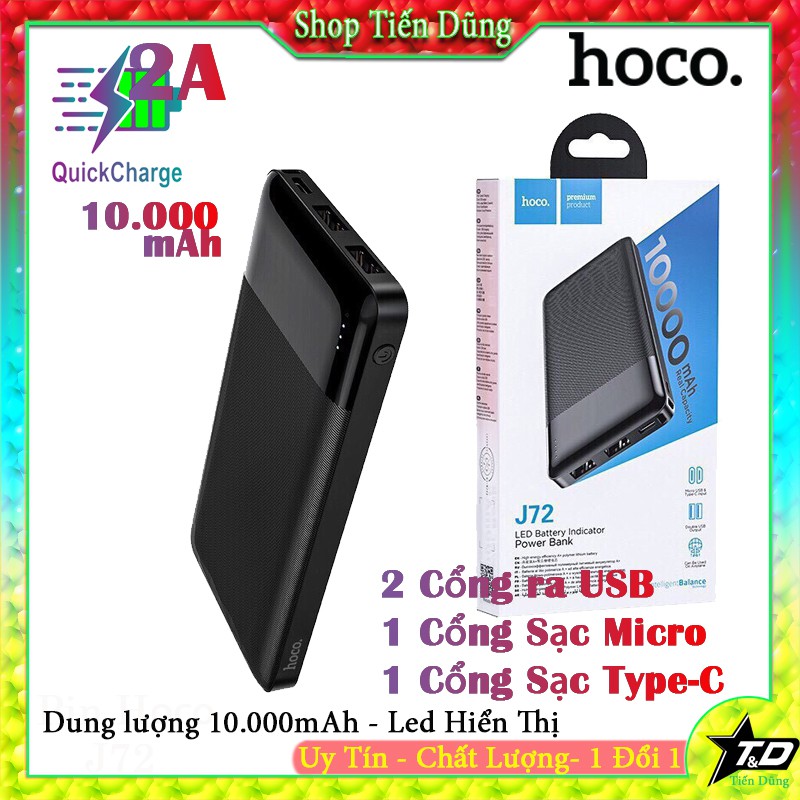 Pin sạc dự phòng 10000mAh Hoco J72 có 2 cổng ra USB đèn led hiển thị pin