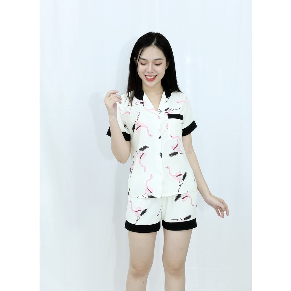 Bộ đồ bộ ngắn VÀNG KEM CON CÔNG PHA CỔ - vải siêu lụa cao cấp - Cực Kì Sang Chảnh