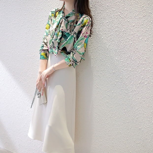 Áo Sơ Mi Lụa Mulberry Tay Dài Cột Dây Ruy Băng In Họa Tiết Hoa Và Chim Siêu Đẹp Thời Trang Xuân Hè