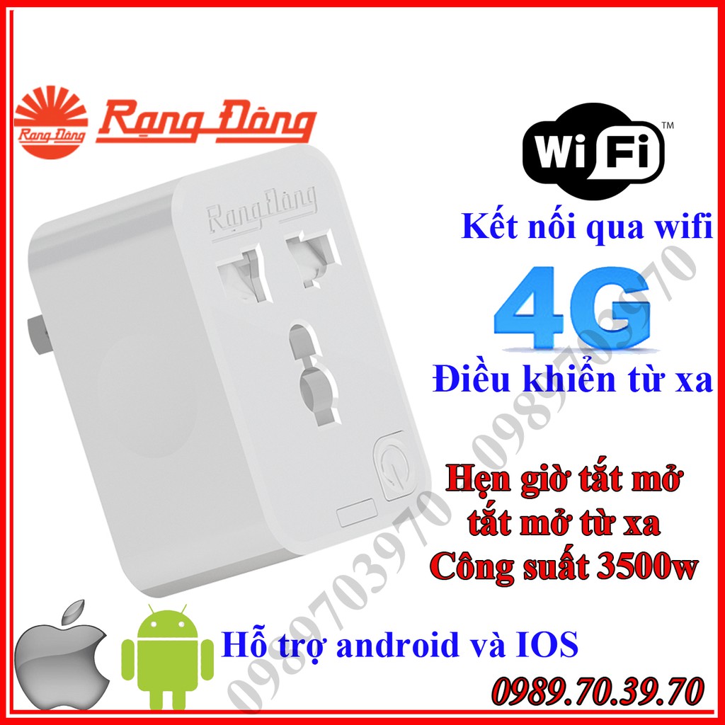 Ổ cắm điện thông minh 16A , điều khiển bằng wifi , 3g, 4g Rạng Đông công suất 3500w