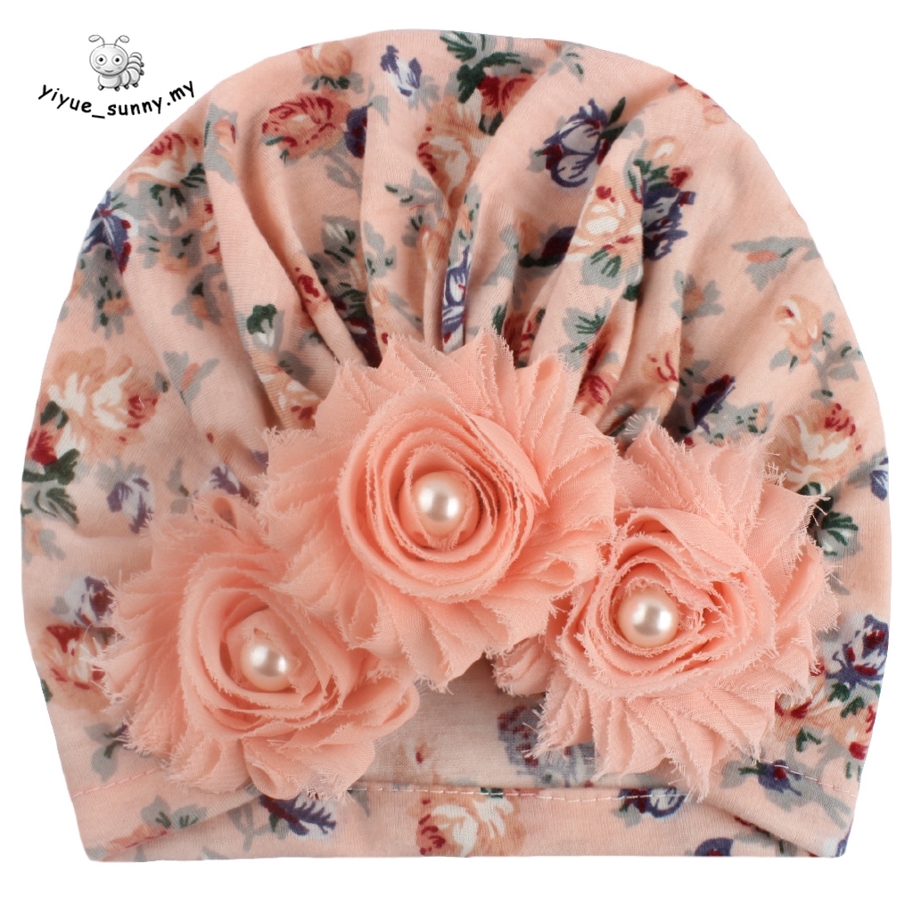 Mũ khăn turban đính hoa và ngọc trai xinh xắn dành cho bé gái