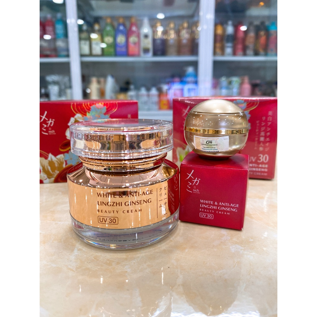 Kem Dưỡng Trắng Da Chiết Xuất Linh Chi &amp; Nhân Sâm HaSi Megami White &amp; Anti-Age Lingzhi Ginseng UV30 15g