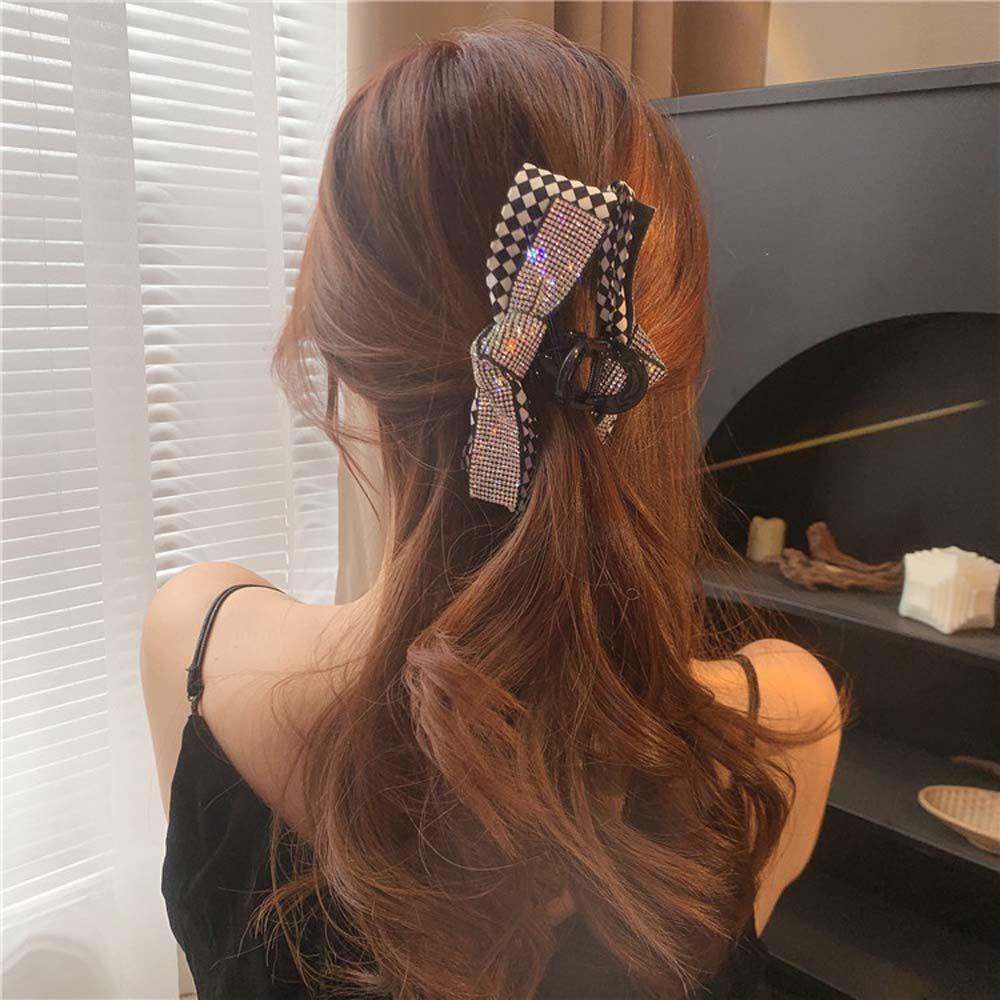 JARRED Kẹp Tóc Nơ Họa Tiết Kẻ Ô Đính Đá Màu Trắng Đen Thời Trang Cho Nữ