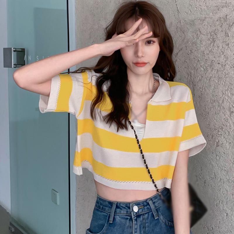 Áo croptop dáng rộng tay ngắn cổ chữ V họa tiết sọc thời trang thường ngày cho nữ