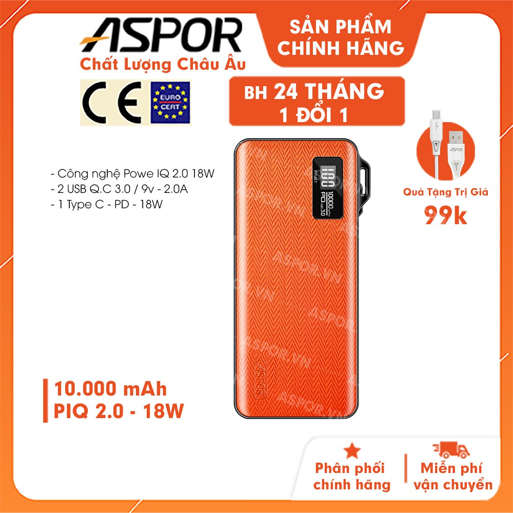 Pin sạc sạc nhanh dự phòng 10000mAh ,pin sự phòng siêu mỏng Aspor A359- Hàng Chính Hãng