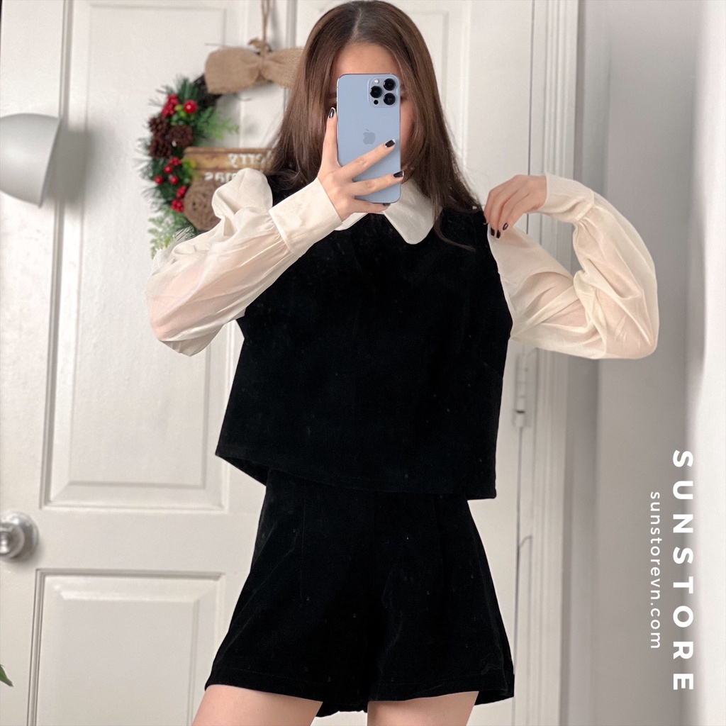 Set đồ nữ xinh áo sơ mi cổ sen và quần short chất nhung màu đen