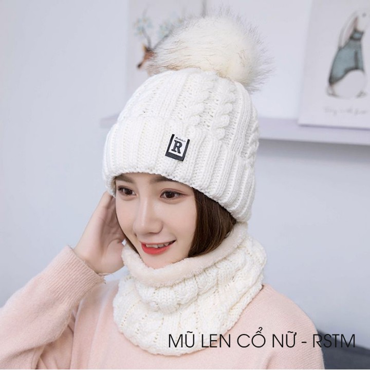 Mũ len lót lông dầy dặn ấm áp tặng kèm khăn xinh xắn style Hàn Quốc