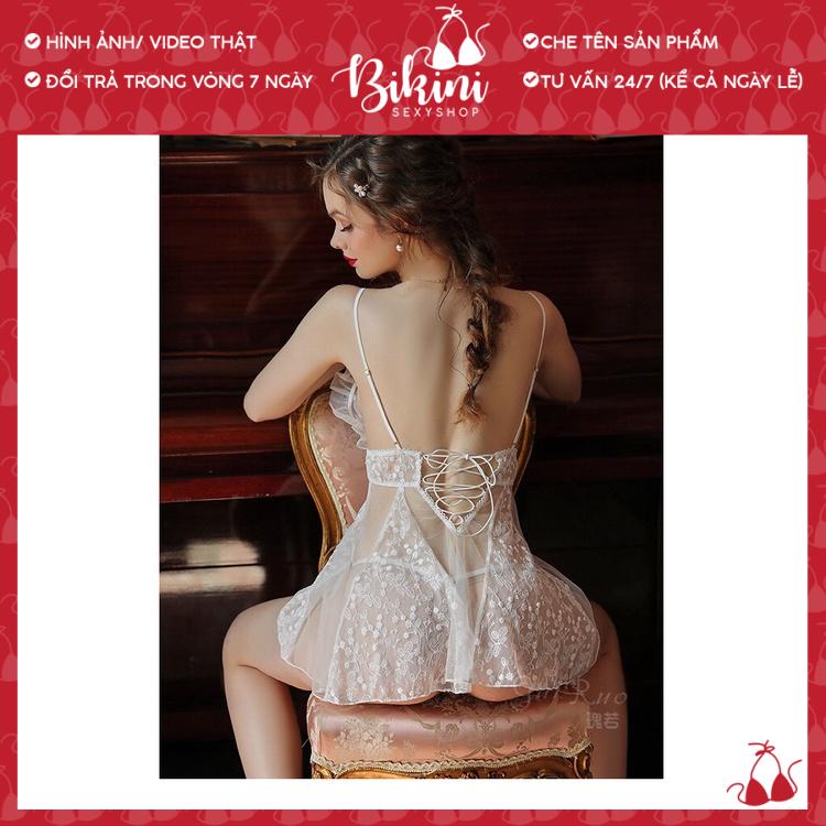 ❣️ Váy ngủ nữ sexy ren bông tuyết trắng siêu đẹp - Váy ngủ 2 dây gợi cảm phối ren xuyên thấu kèm chip lọt khe VN14
