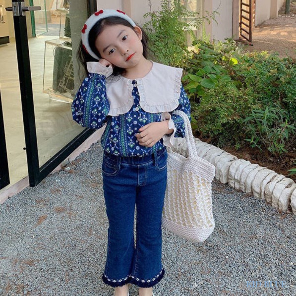 Set Áo Sơ Mi Hoa + Quần Jeans Ống Loe Thời Trang Hàn Quốc Cho Bé Gái