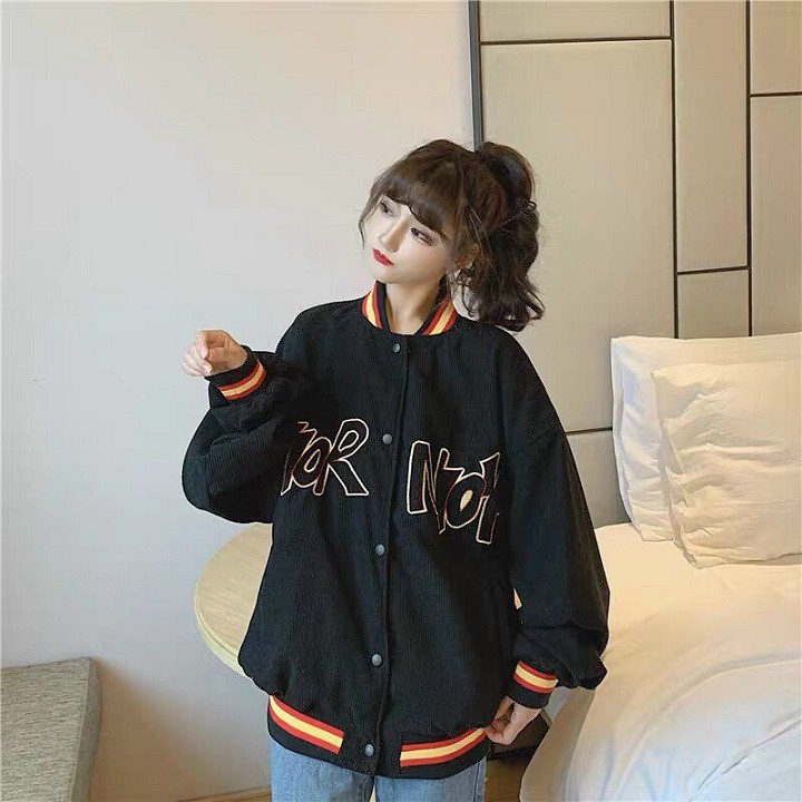 Áo Khoác Bomber kaki NHUNG Gân Thêu Chữ Form Rộng Unisex Nam Nữ Ulzzang