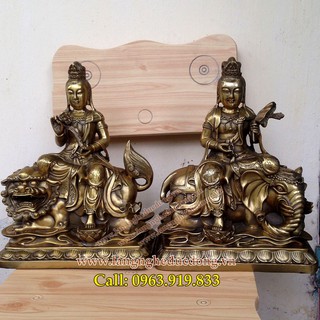 Bộ tượng đồng văn thù phổ hiền bồ tát, mẫu tương cao 30cm, giá tượng văn thù, giá tượng phổ hiền, tượng đồng văn thù
