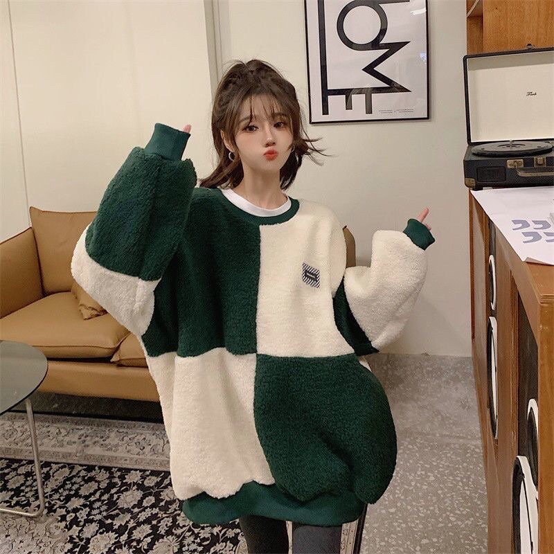 Áo Len Nữ Lông Form Rộng To Mùa Thu Đông Phong Cách Hàn Quốc 2023 Thiết Kế Mới Màu Tương Phản Kẻ Vuông Dày