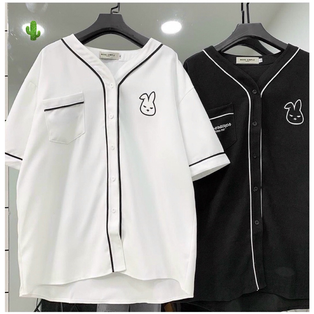 Áo sơ mi nữ tay ngắn , áo form rộng cổ V viền thỏ đi học xinh xắn