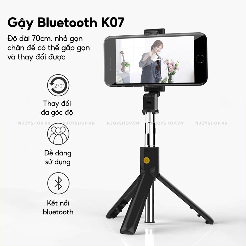 Gậy Tự Sướng Bluetooth K07 Dài 72cm Chống Rung Lắc Hỗ Trợ Chụp Ảnh Selfie Quay Phim Tiktok Livestream Tripod Njoyshop