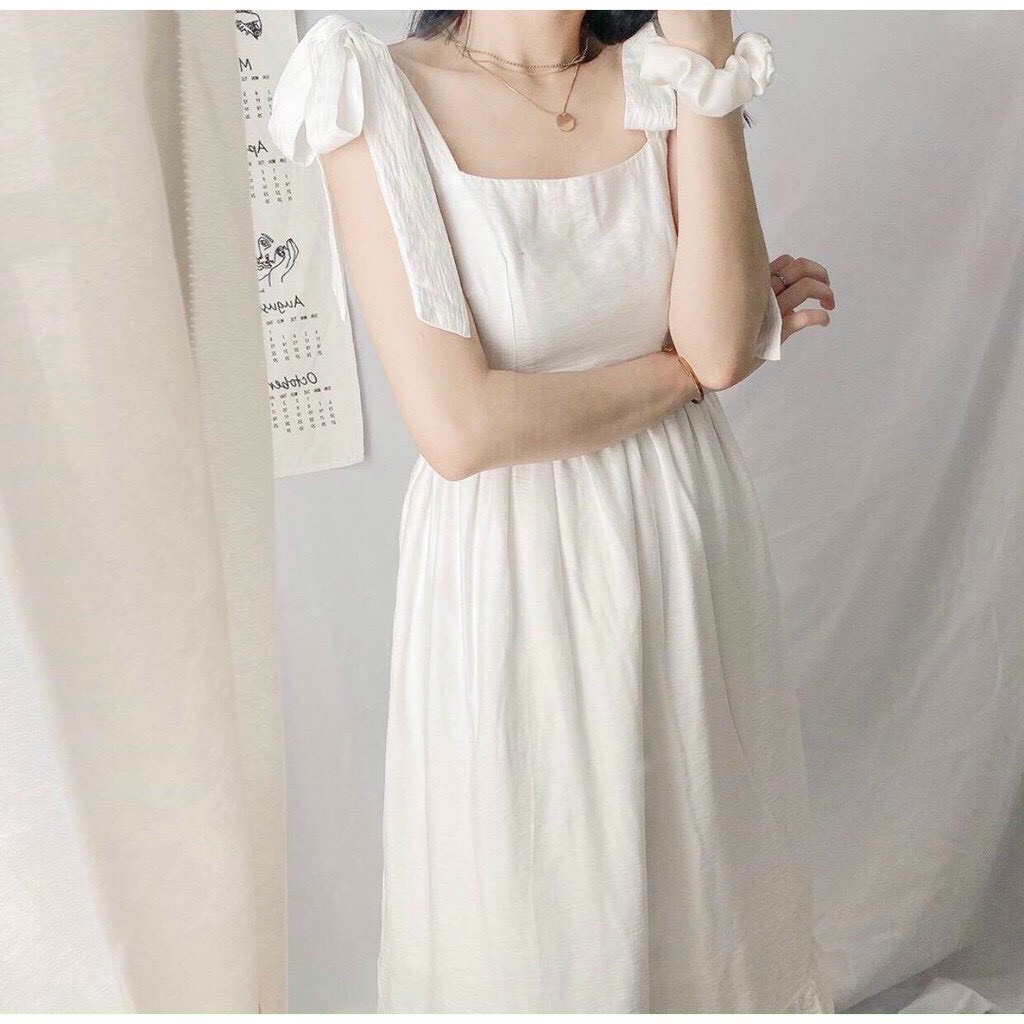 Đầm 2 Dây, Đầm 2 Dây Trắng Buộc Nơ Vai Đuôi Cá Dáng Dài