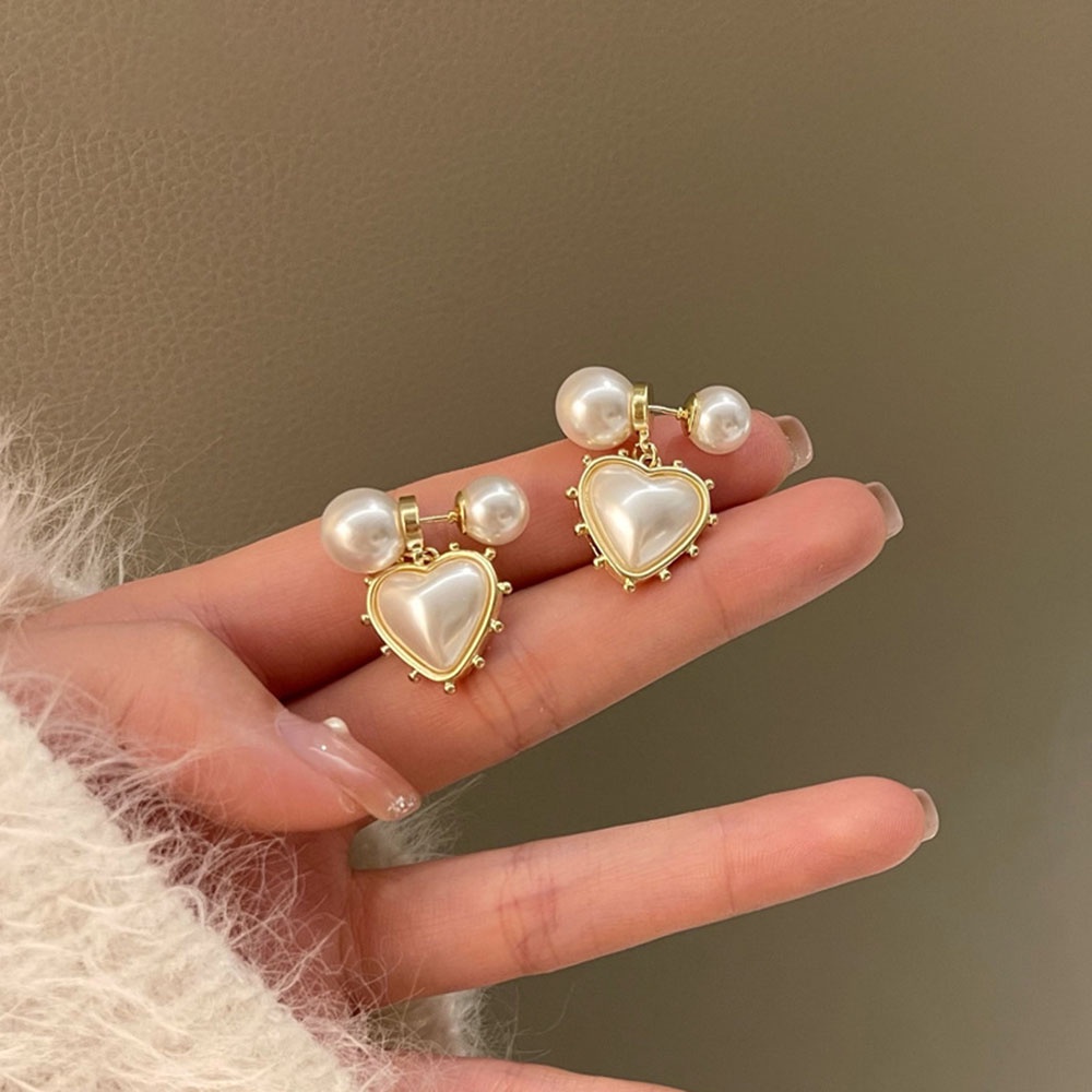Bông Tai Mạ Bạc 925 Đính Ngọc Trai Hình Trái Tim Phong Cách Cổ Điển