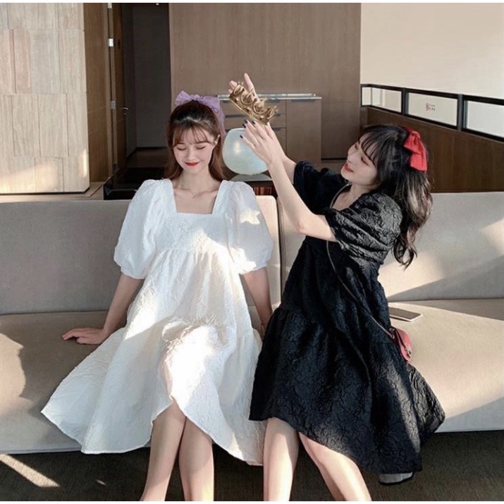 Váy nữ dáng xòe cổ hình vuông chữ U phong thái Ulzzang siêu xinh thời trang dành cho phái đẹp đi dạo đi tiệc